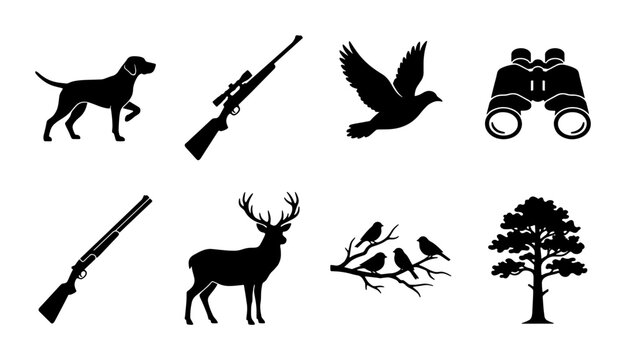 Hunting silhouette icon set with 8 vector elements, outdoor sport equipment and wildlife symbols, black deer and hunting dog graphics for forest adventure