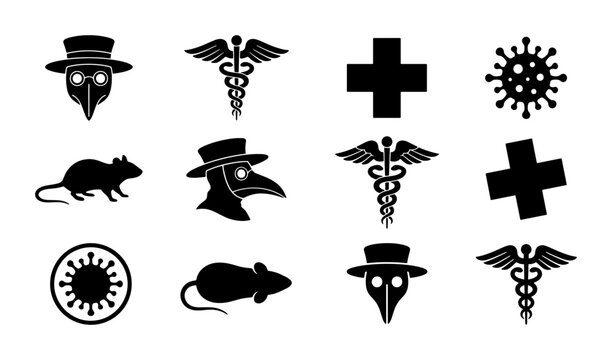 Plague doctor mask icons and medical symbols, black silhouette plague doctor vector set, caduceus and virus cell graphics for history and medicine