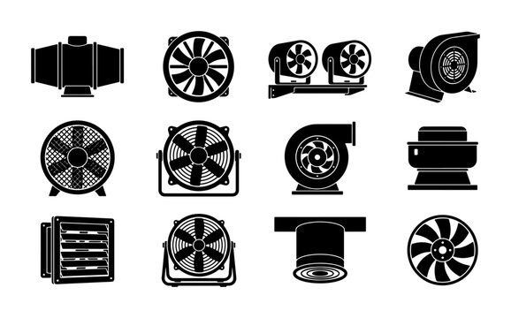 Industrial ventilation fan icons, set of 12 black silhouette blower symbols, HVAC system cooling equipment vectors for engineering and factory design