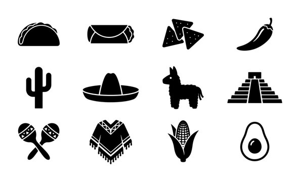 Mexican culture icon set, black silhouette symbols of Mexico, 12 vector elements for Cinco de Mayo and fiesta celebration designs