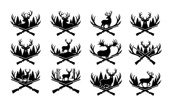 Vintage hunting logos with deer silhouettes and crossed rifles, set of 12 black buck hunting emblems, rustic forest wildlife vector icons for outdoor gear