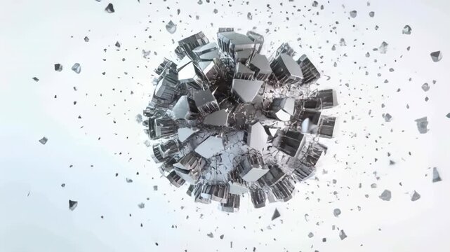 Forming cracks, shiny faceted sphere breaking into tilting slabs and flying chrome shards in studio