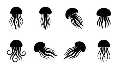 Minimalist jellyfish silhouette set, black sea creature icons on white background, collection of 8 aquatic medusa vector illustrations for logo design © Reshma