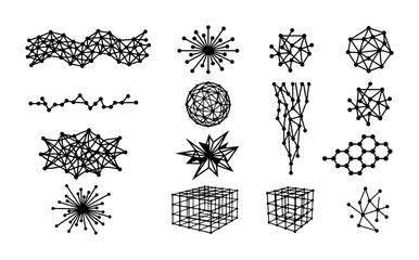 Abstract geometric plexus icons, set of 15 black wireframe network shapes, scientific molecule and data connection vector elements for technology design © Reshma