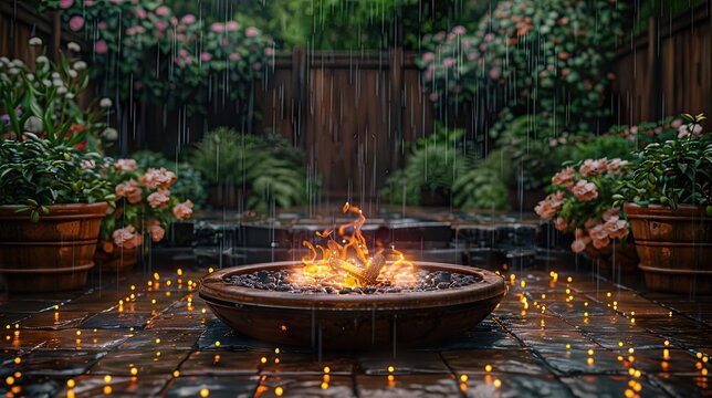 yper realistic fire pit under open sky on a rainy day. Experience the cozy garden ambiance. Share the garden's rainy magic