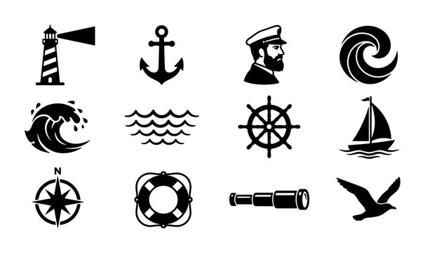 Nautical icons set with 12 black vector symbols, maritime ocean elements for logo design, sea captain and lighthouse illustrations for travel branding