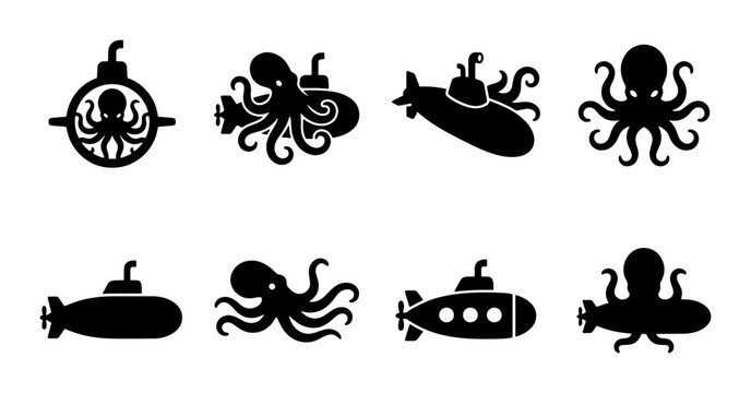Nautical submarine and octopus silhouette icons, set of 8 black vector elements, deep sea maritime symbols for logo design and underwater exploration graphics
