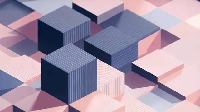 Panning camera revealing pastel pink navy cube grid in studio, highlighting slatted cube with rings