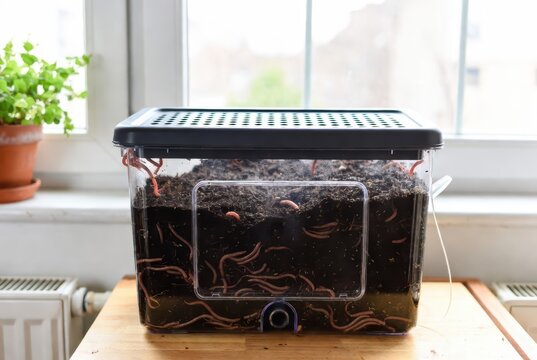 Worm composting bin with red wigglers in soil, sustainable living, organic gardening, and eco-friendly