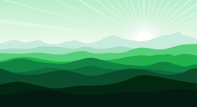 Green mountain landscape illustration with sunburst and layered hills