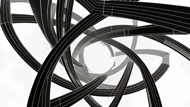 Starting camera moving through interlaced black ribbon tunnel, revealing spiral aperture