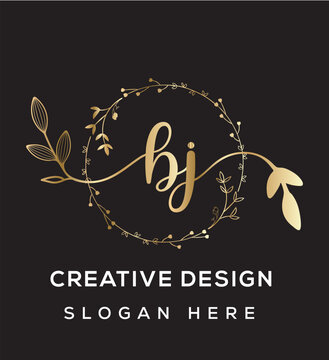 Elegant bj letter logo, hand-drawn script initial with botanical wreath, luxury beauty identity. 