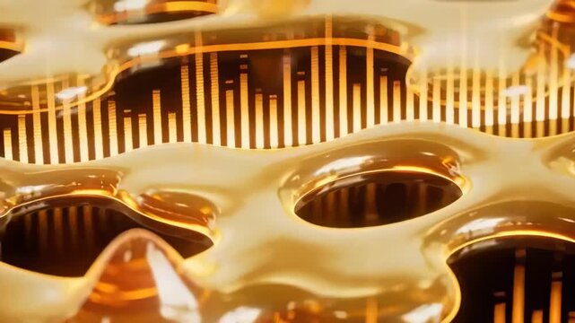 Sweeping camera revealing amber lobed sheet in studio, showing sheen, holes and pulsing orange bars