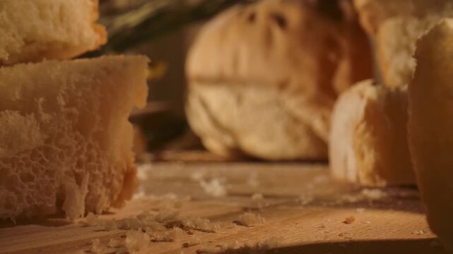 Detailed macro view of white bread crumb showing porous airy texture and crispy crust. Concept of homemade food, bakery products, bakeries and bread factories, market, gastronomy and culinary art