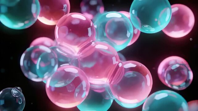 Orbiting camera showing rotating glossy pink and teal sphere cluster catching glints in black void