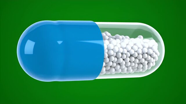 Photorealistic CGI Capsule Pill with Cutaway View Showcasing White Granules Inside Against Green Background