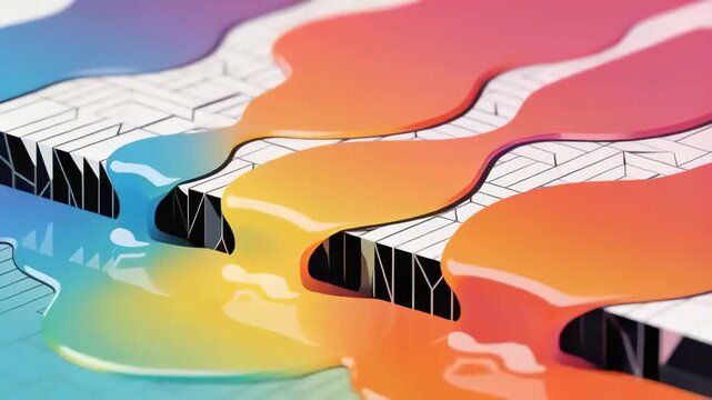 Gravity pulling teal lime orange magenta bands flowing over patterned block, forming drips