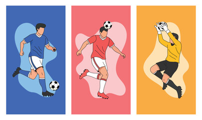 Active soccer players in dynamic motion poses kicking running and catching ball vector illustration set pack © Rashida