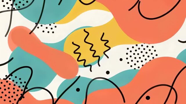 Playing looping pattern moving on cream backdrop to create rhythm with coral teal mustard blobs