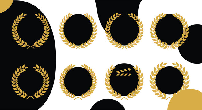 Circular gold laurel wreaths surrounding black circles on a white background with abstract black and gold graphic shapes for awards.