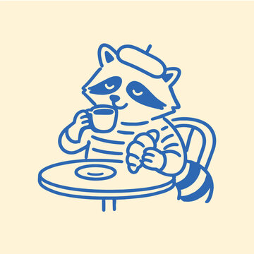 Raccoon in beret drinking coffee at table, simple line art illustration for cafe branding, coffee shop menus, breakfast concepts and food themed design projects.