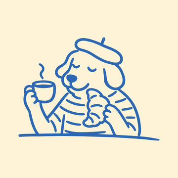 Dog in beret eating croissant and holding coffee, simple line art illustration for cafe branding, bakery menus, breakfast concepts and food themed design projects.