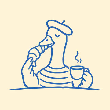 Goose in beret eating croissant and holding coffee cup, simple line art illustration for cafe branding, bakery menus, breakfast concepts and food themed design projects.