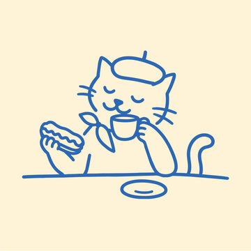 Cat in beret drinking coffee and holding hot dog, simple line art illustration for cafe branding, fast food menus, street food concepts and playful design projects.