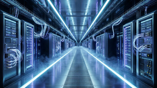 Long corridor in a modern data center with rows of server racks and glowing blue neon lights, showcasing advanced technology infrastructure.
