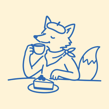 Fox in beret drinking coffee with cake on table, simple line art illustration for cafe branding, dessert menus, bakery concepts and food themed design projects.
