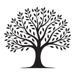 Obraz premium Black silhouette of a large leafy tree with spreading branches and a solid trunk