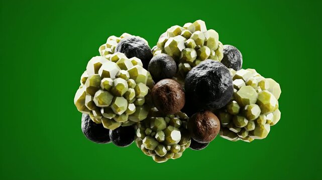 Photorealistic CGI Illustration of Floating Gallstone Collection with Distinct Shapes and Colors on Vibrant Green Background