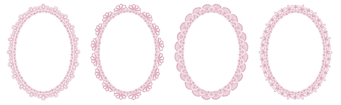 Cute lace frame with bow ribbon border, square vintage design with pink heart details for wedding card or valentine invite.