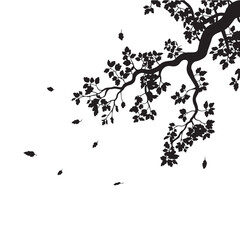 Black silhouette of a tree branch with falling autumn leaves in the wind © abdurrahimsofikul