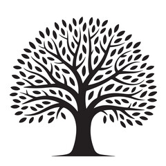 Obraz premium Black silhouette of a leafy tree icon with branches and roots for nature and environment design
