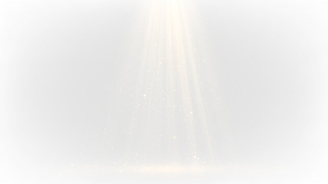 Light beam shines down creating a glow with particles floating in the air isolated on transparent background, light overlay, PNG