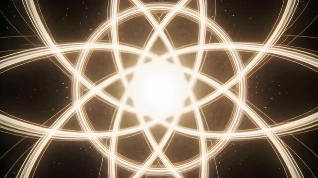 Initial pulse starting central core, shifting golden rings in space, glowing nodes and star specks