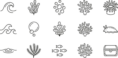 ocean elements icons with waves bubbles coral and seaweed on transparent background © Yehor