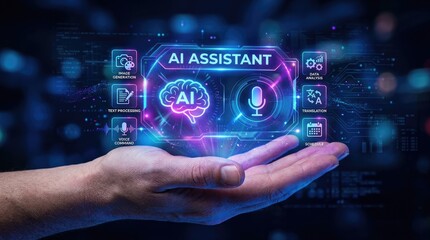 Fototapeta premium Hand holding AI Assistant interface with brain and microphone icons.