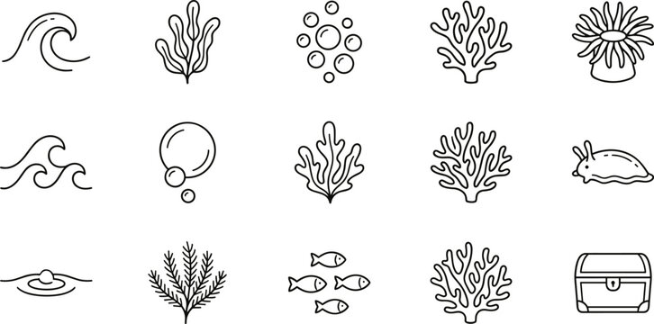 ocean elements icons with waves bubbles coral and seaweed on transparent background