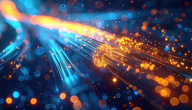 Abstract visualization of high speed fiber optic cables transmitting glowing data pulses through digital network for technology concepts