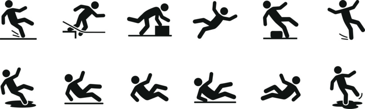 slipping and falling hazard pictogram icons set on transparent background