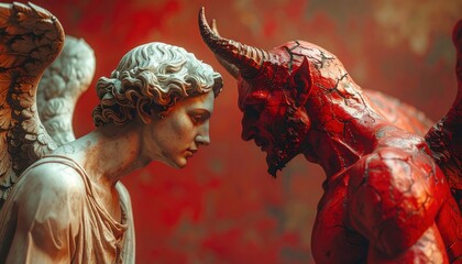 Obraz premium Dramatic sculpture of angel and devil facing each other against red background representing internal conflict between good and evil forces