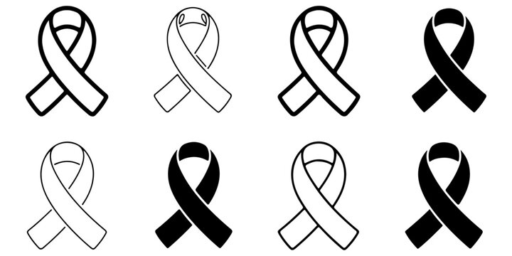 Awareness ribbon icon collection in outline and solid styles representing cancer support, health campaigns, charity causes, and social awareness symbols