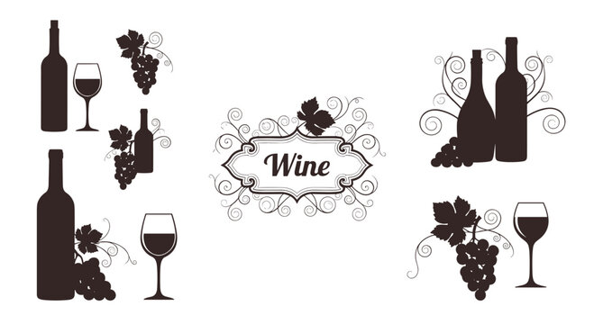 Elegant wine themed design elements with black silhouettes of bottles, glasses, and bunches of grapes with decorative scroll swirls.