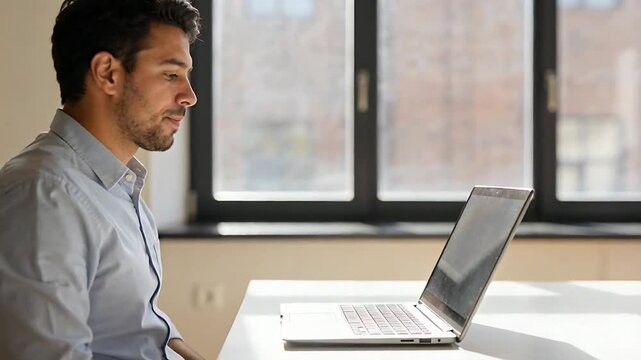 Starting project, typing man in light blue shirt leaning at home, pausing, leaning back from laptop