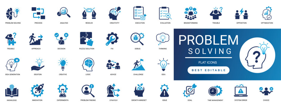 problem solving  icon set. strategy, solution, creative, thinking, brainstorm, logic, puzzle, analysis, innovation, process. editable solid vector illustration. 