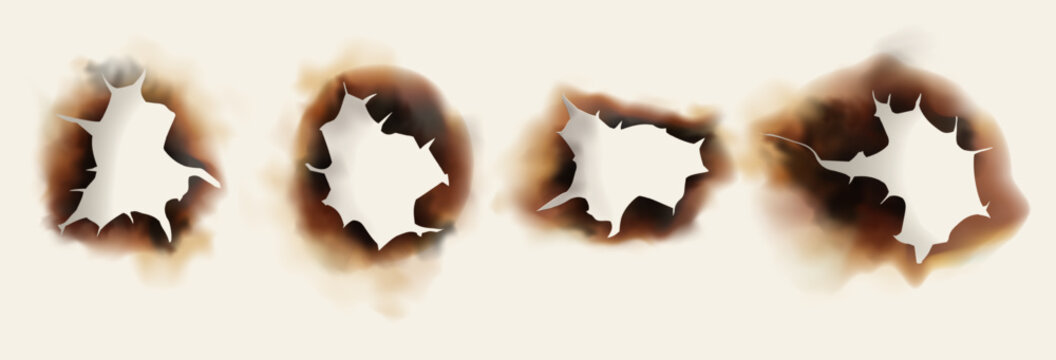 Burnt paper sheet with fire hole in center, black scorched border, torn page texture, realistic old effect isolated on white.
