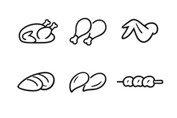 Fototapeta premium Chicken Meat Food Icons Set in Minimal Line Outline Style