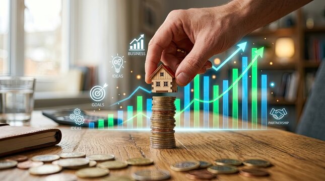 Hand placing miniature house on coin stack with financial graphs.